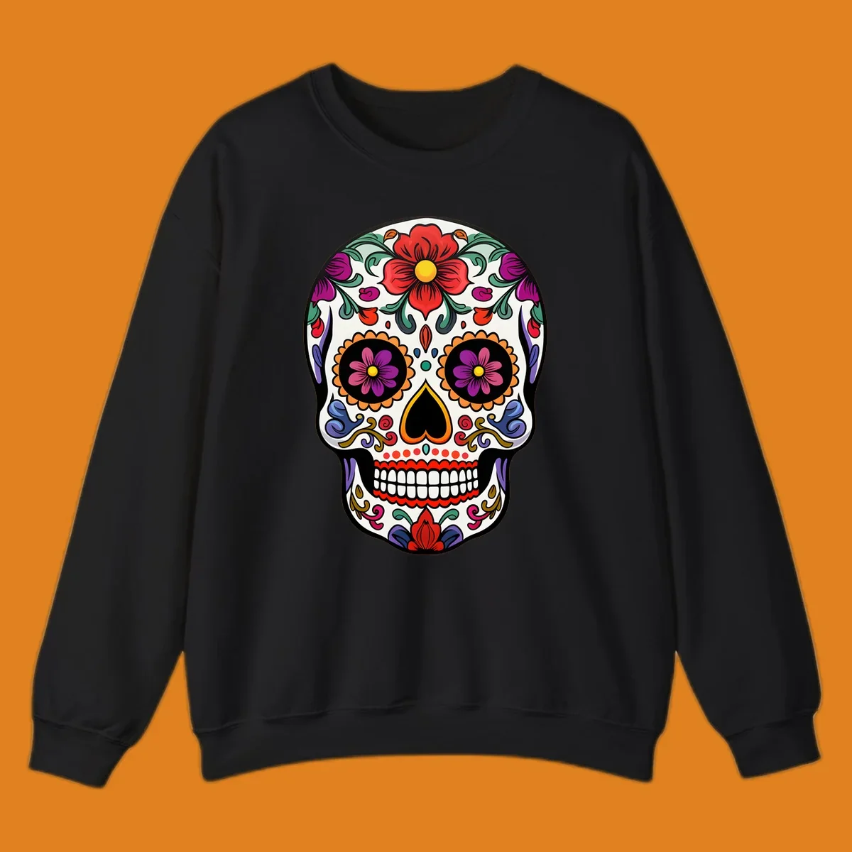 A vibrant floral calavera sugar skull illustration with red and purple flowers, intricate swirls, and colorful patterns on a white skull.