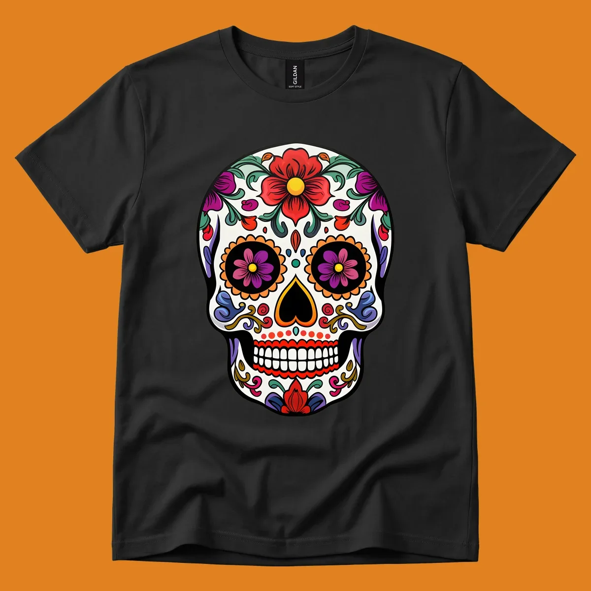 A vibrant floral calavera sugar skull illustration with red and purple flowers, intricate swirls, and colorful patterns on a white skull.