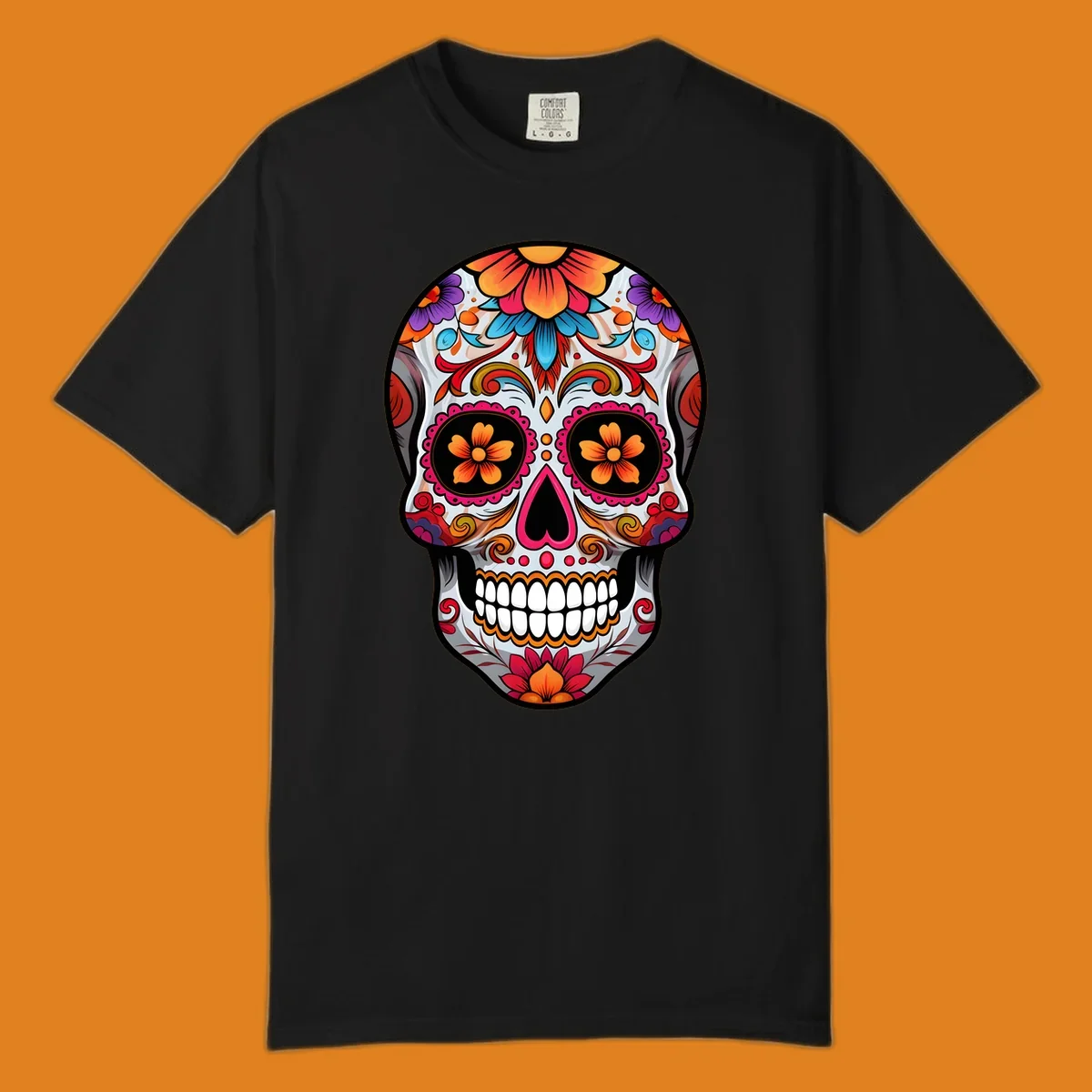 A vibrant floral sugar skull illustration featuring intricate patterns, colorful flowers, and a heart-shaped nose.