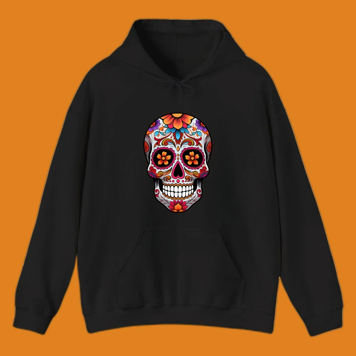 A vibrant floral sugar skull illustration featuring intricate patterns, colorful flowers, and a heart-shaped nose.