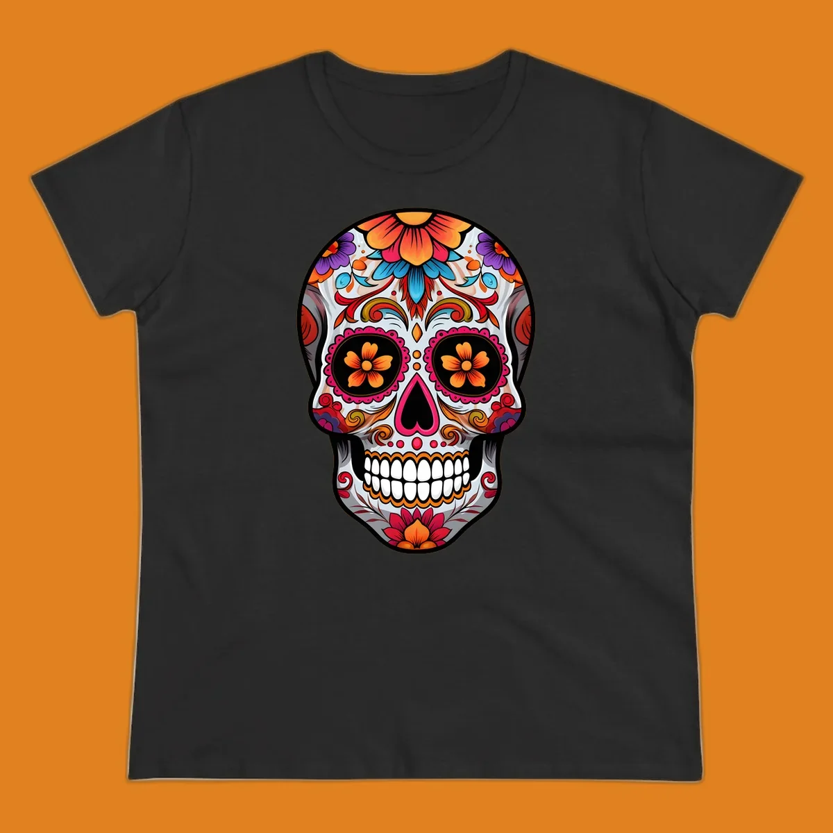 A vibrant floral sugar skull illustration featuring intricate patterns, colorful flowers, and a heart-shaped nose.