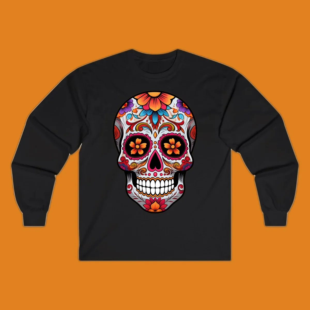 A vibrant floral sugar skull illustration featuring intricate patterns, colorful flowers, and a heart-shaped nose.