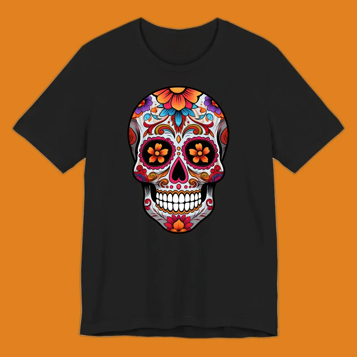 A vibrant floral sugar skull illustration featuring intricate patterns, colorful flowers, and a heart-shaped nose.