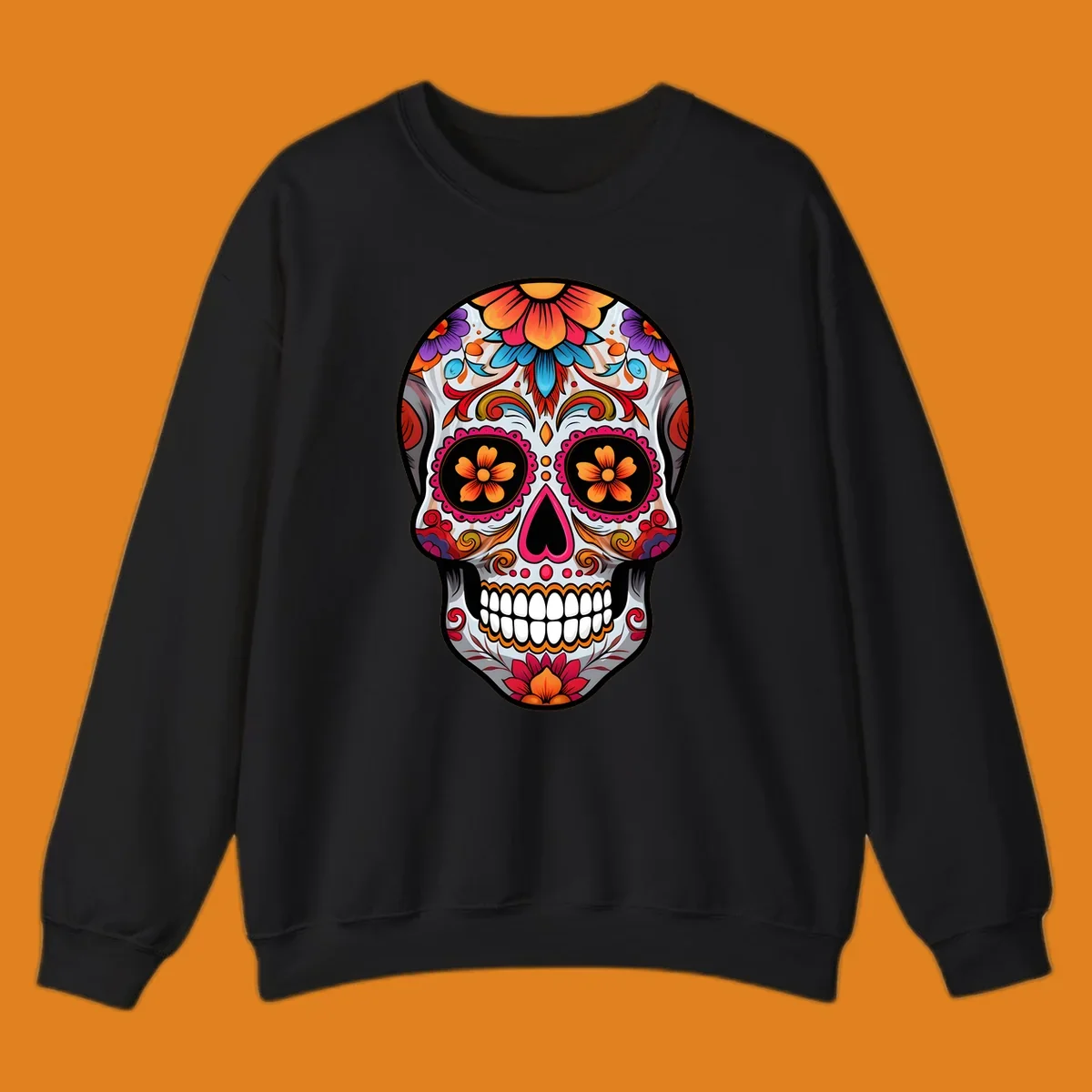 A vibrant floral sugar skull illustration featuring intricate patterns, colorful flowers, and a heart-shaped nose.