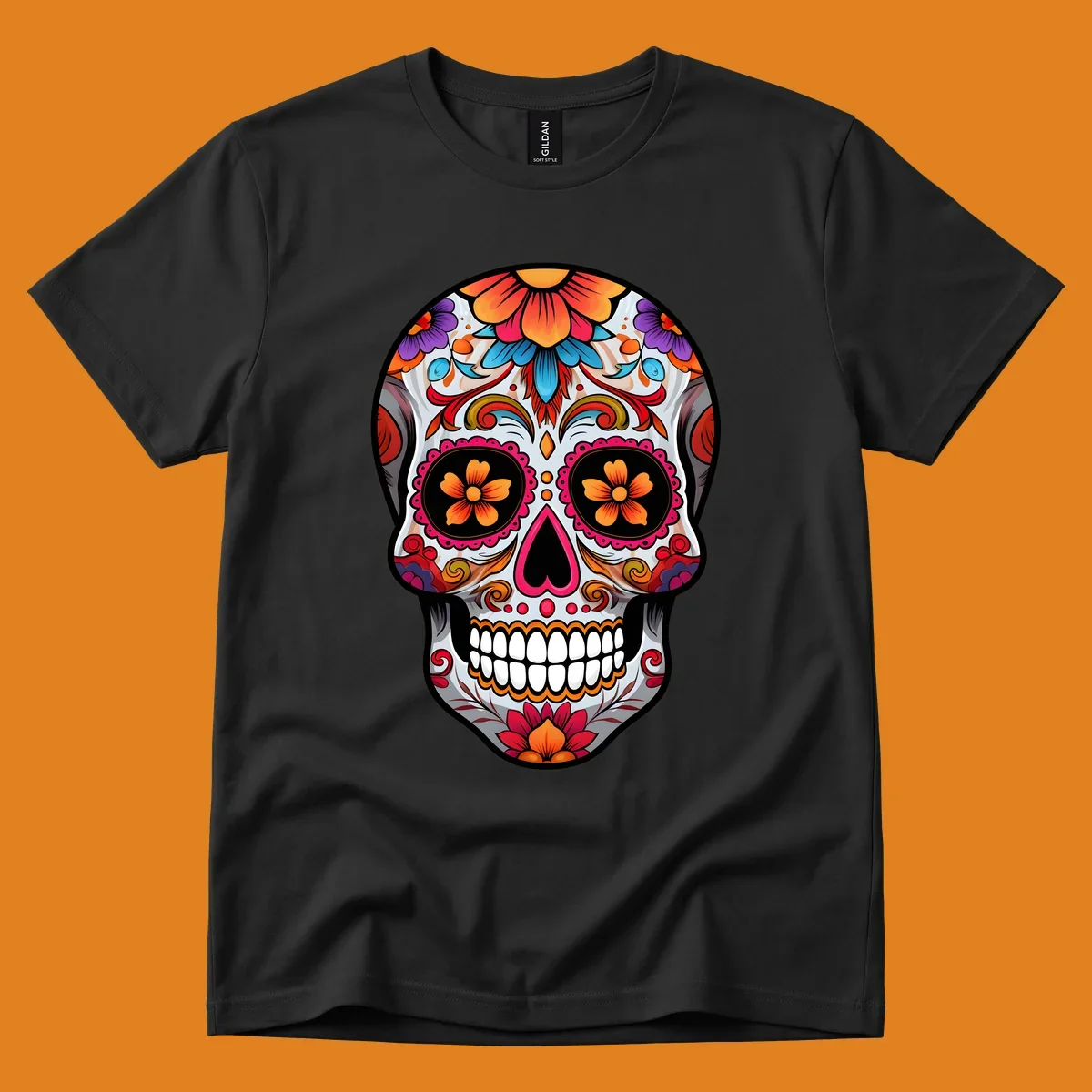 A vibrant floral sugar skull illustration featuring intricate patterns, colorful flowers, and a heart-shaped nose.