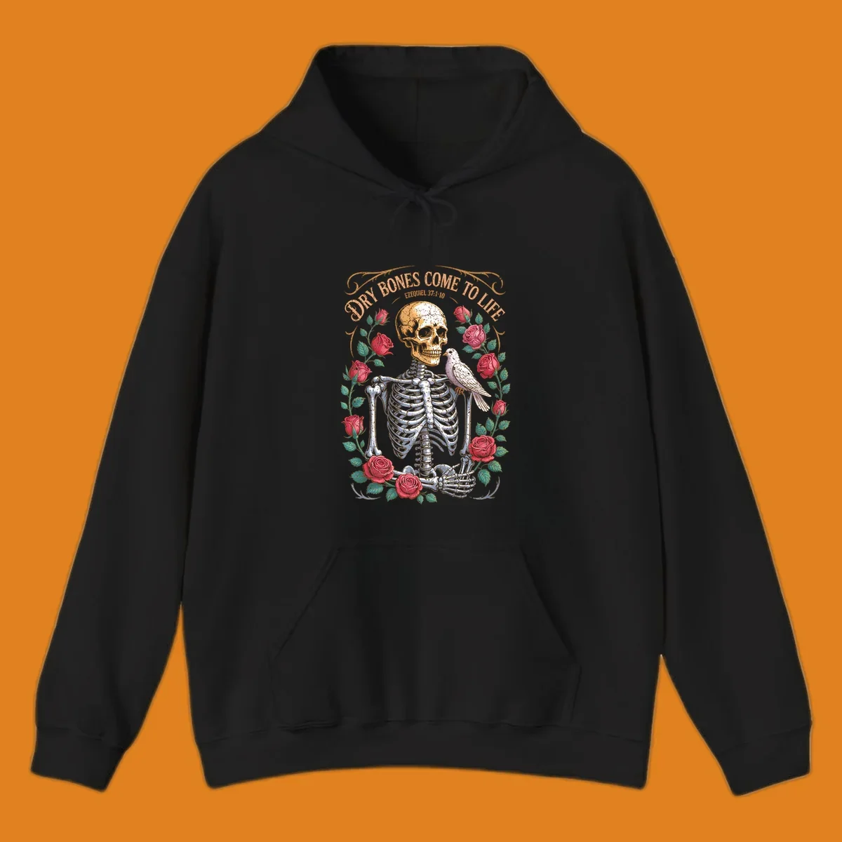 Skeleton with roses and dove, text 'Dry Bones Come To Life', dry bones resurrection concept.