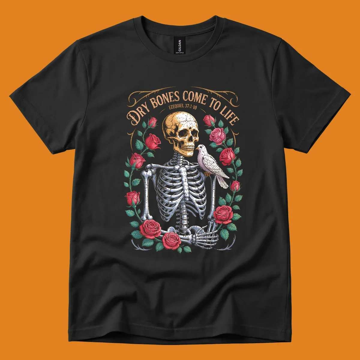 Skeleton with roses and dove, text 'Dry Bones Come To Life', dry bones resurrection concept.