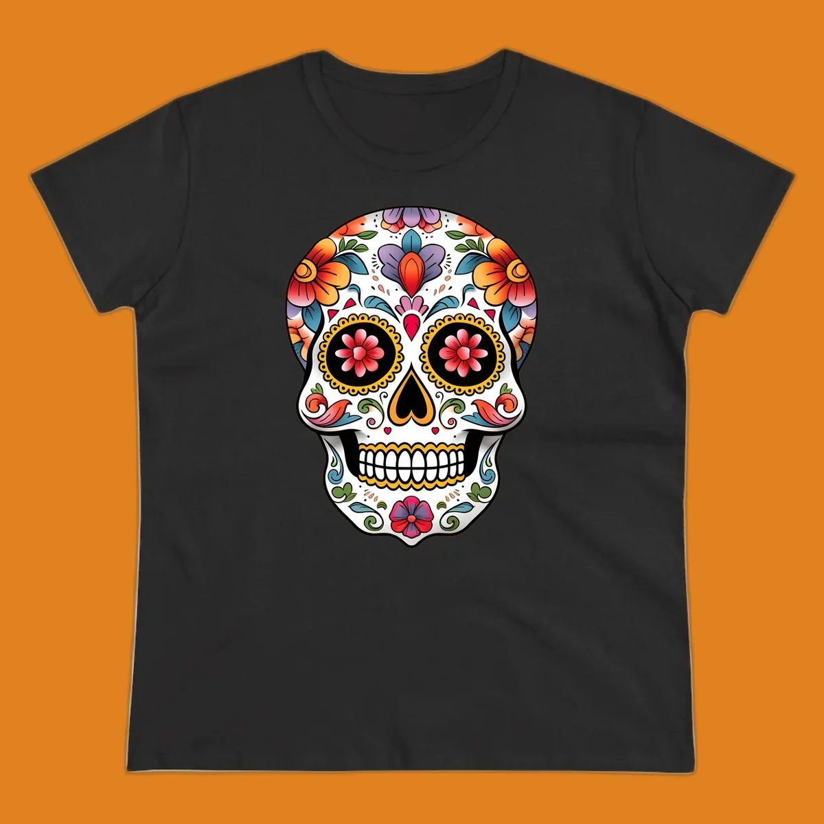 A vibrant floral calavera sugar skull illustration with orange, red, purple, and blue flowers, yellow accents, and hearts.