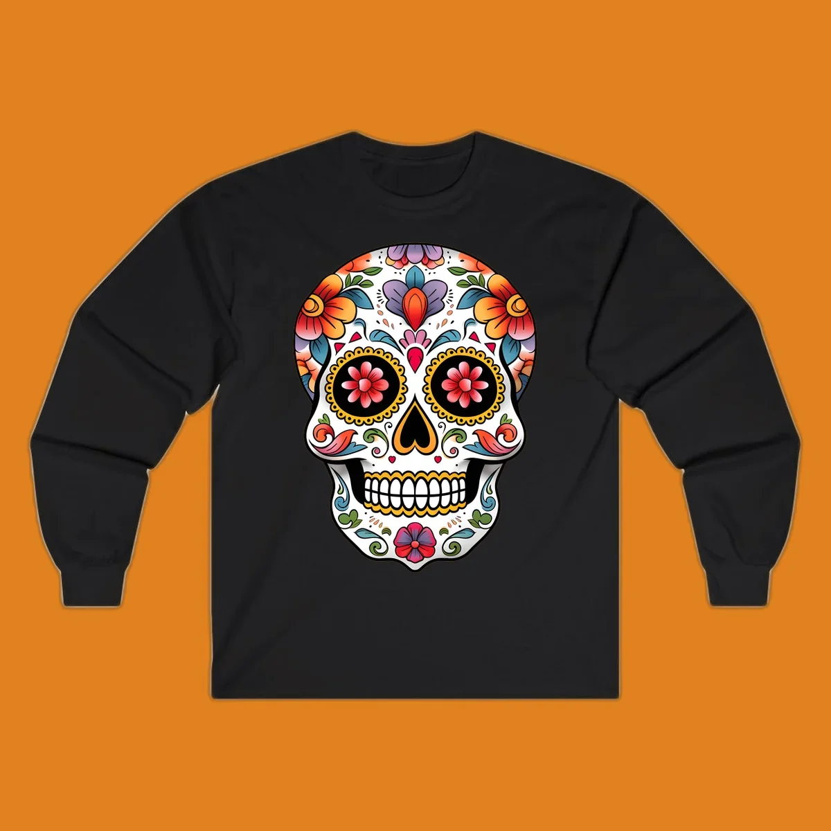 A vibrant floral calavera sugar skull illustration with orange, red, purple, and blue flowers, yellow accents, and hearts.