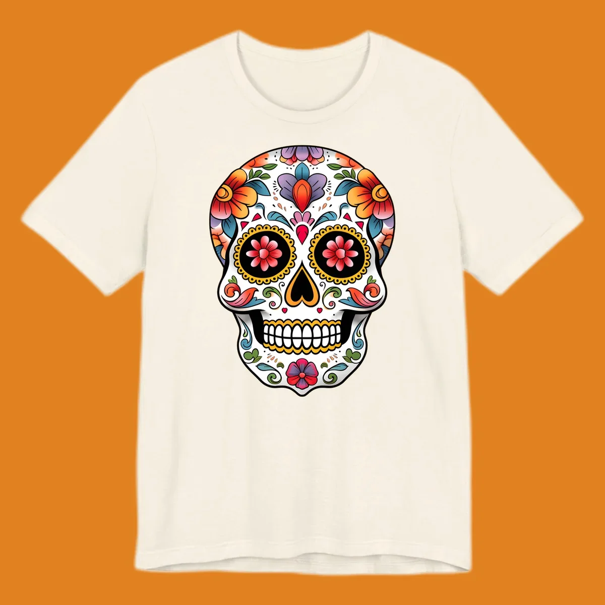 A vibrant floral calavera sugar skull illustration with orange, red, purple, and blue flowers, yellow accents, and hearts.