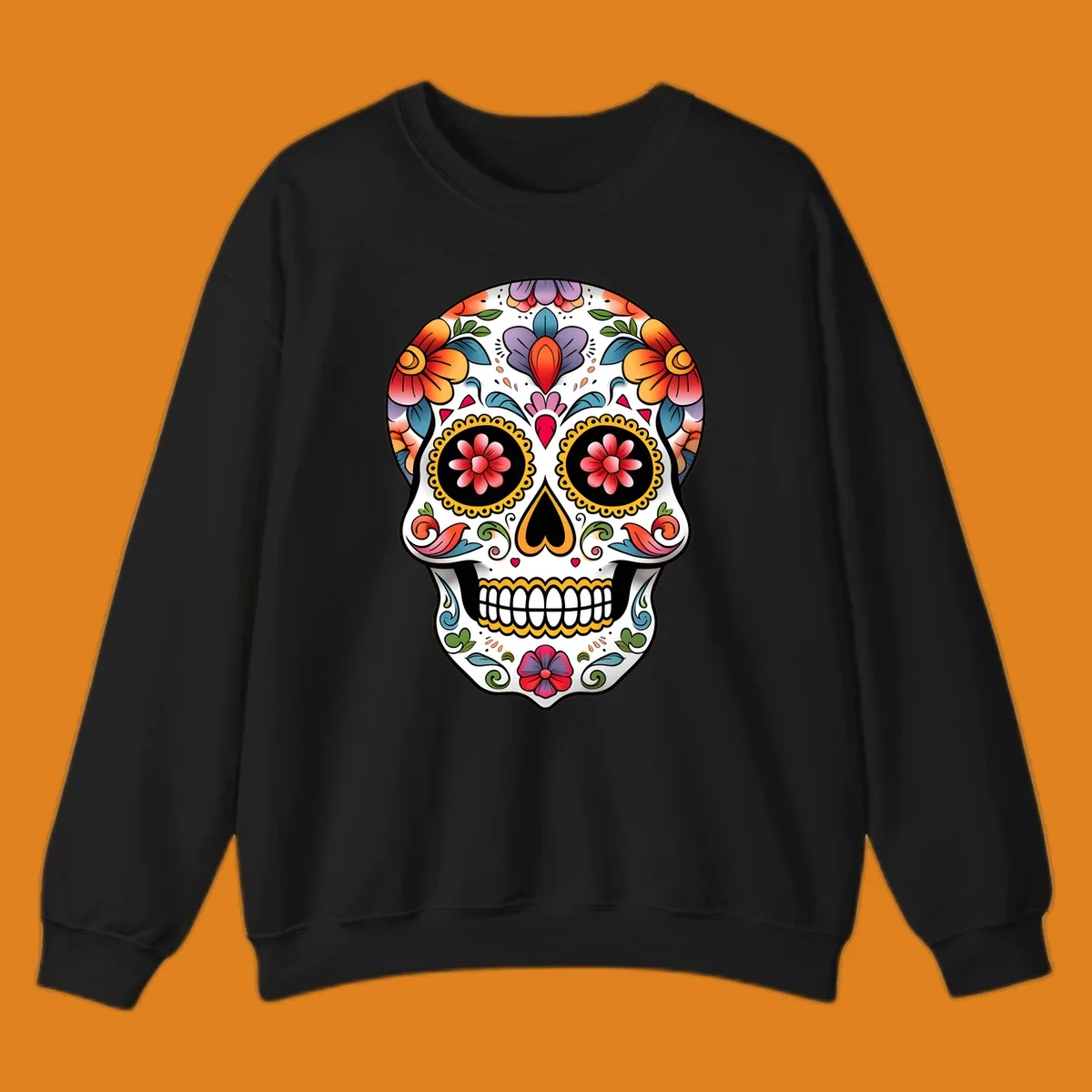 A vibrant floral calavera sugar skull illustration with orange, red, purple, and blue flowers, yellow accents, and hearts.