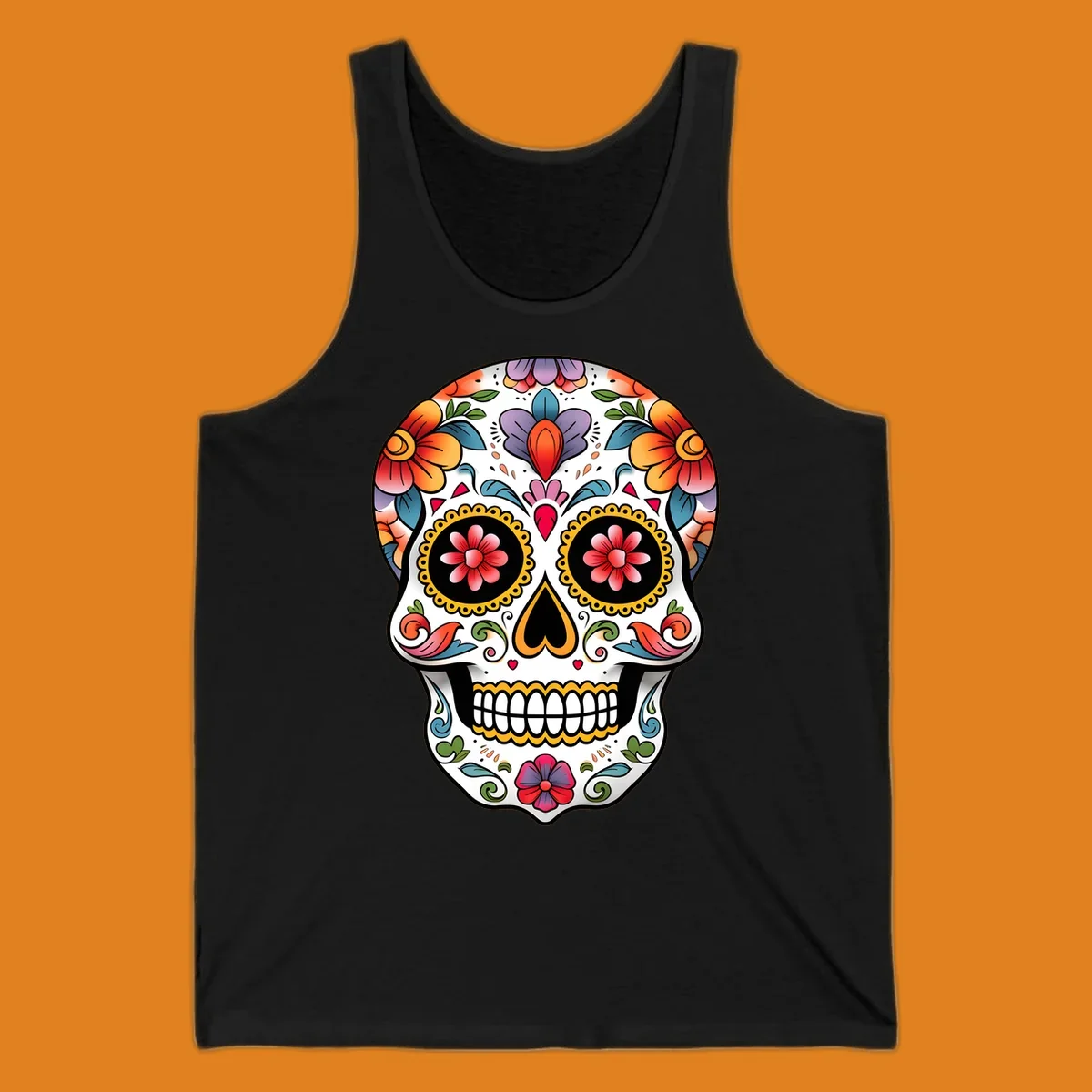 A vibrant floral calavera sugar skull illustration with orange, red, purple, and blue flowers, yellow accents, and hearts.