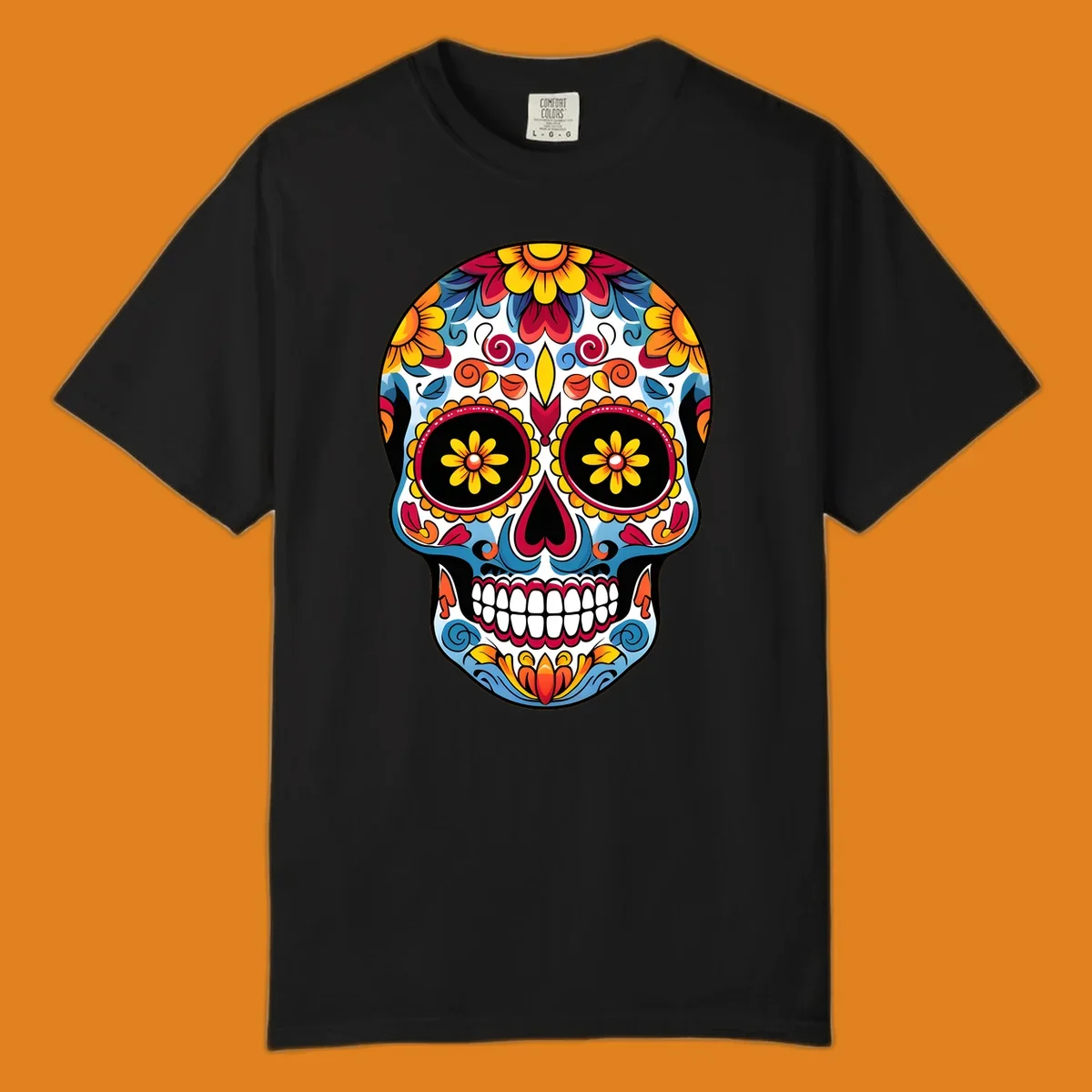 A vibrant floral calavera skull with intricate patterns and colorful flowers for Day of the Dead celebrations.