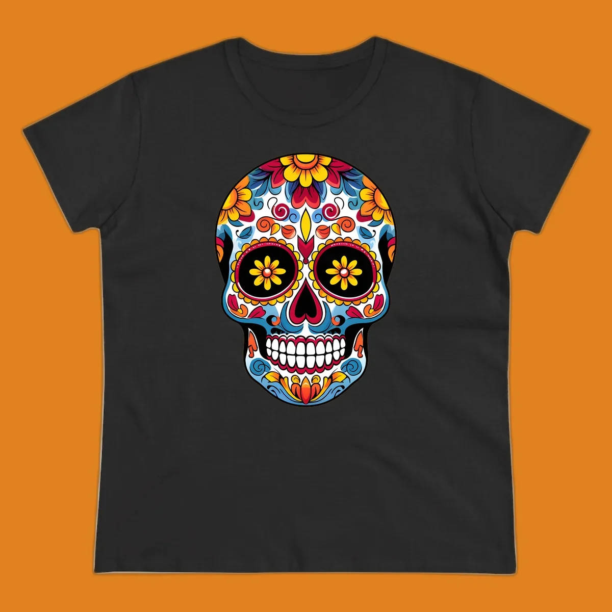 A vibrant floral calavera skull with intricate patterns and colorful flowers for Day of the Dead celebrations.
