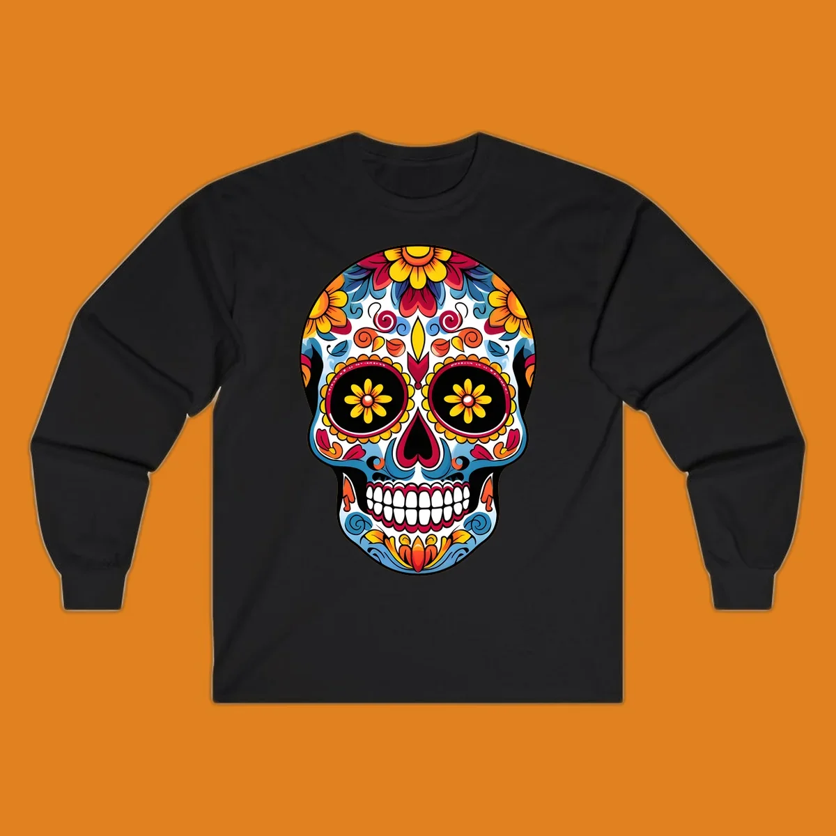 A vibrant floral calavera skull with intricate patterns and colorful flowers for Day of the Dead celebrations.