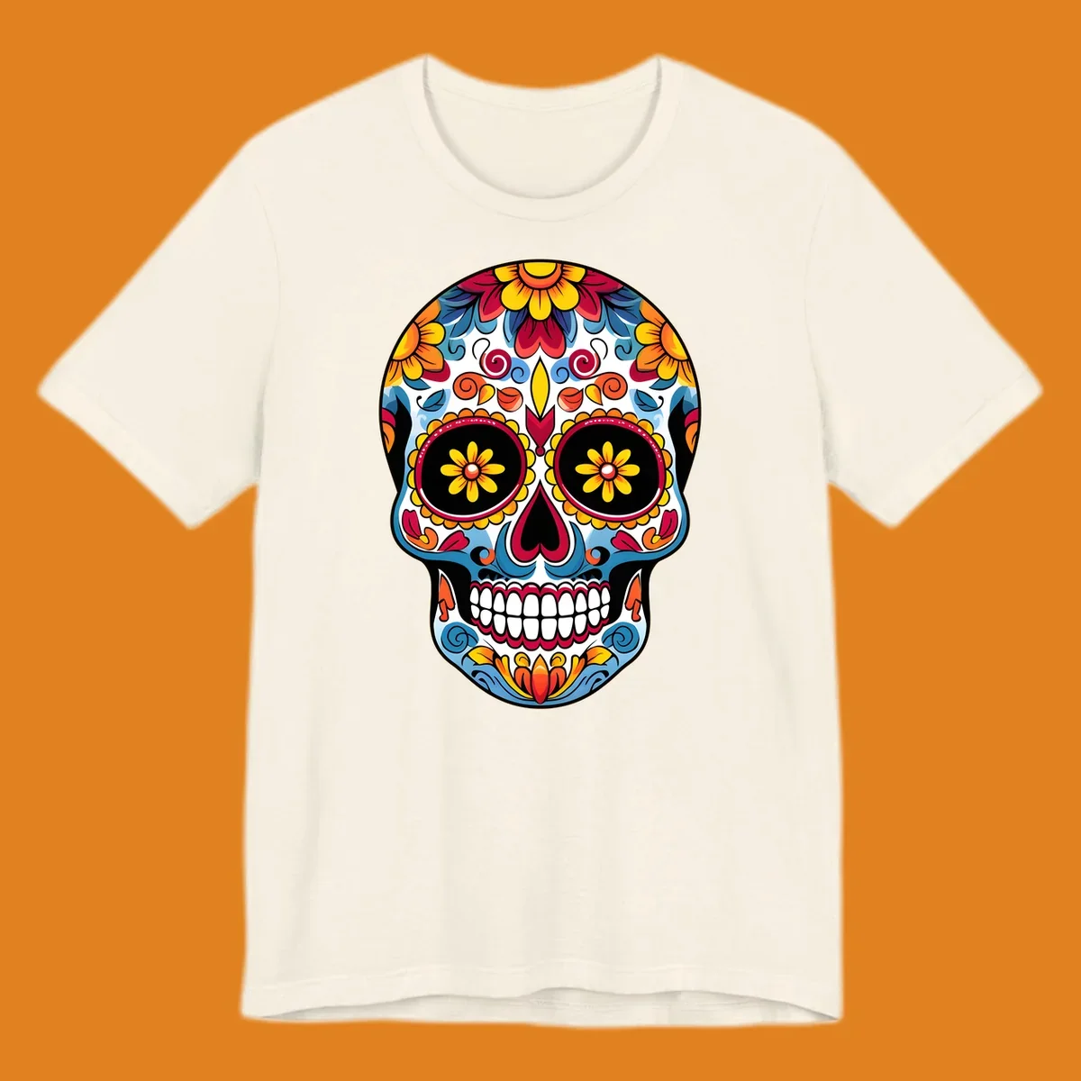 A vibrant floral calavera skull with intricate patterns and colorful flowers for Day of the Dead celebrations.