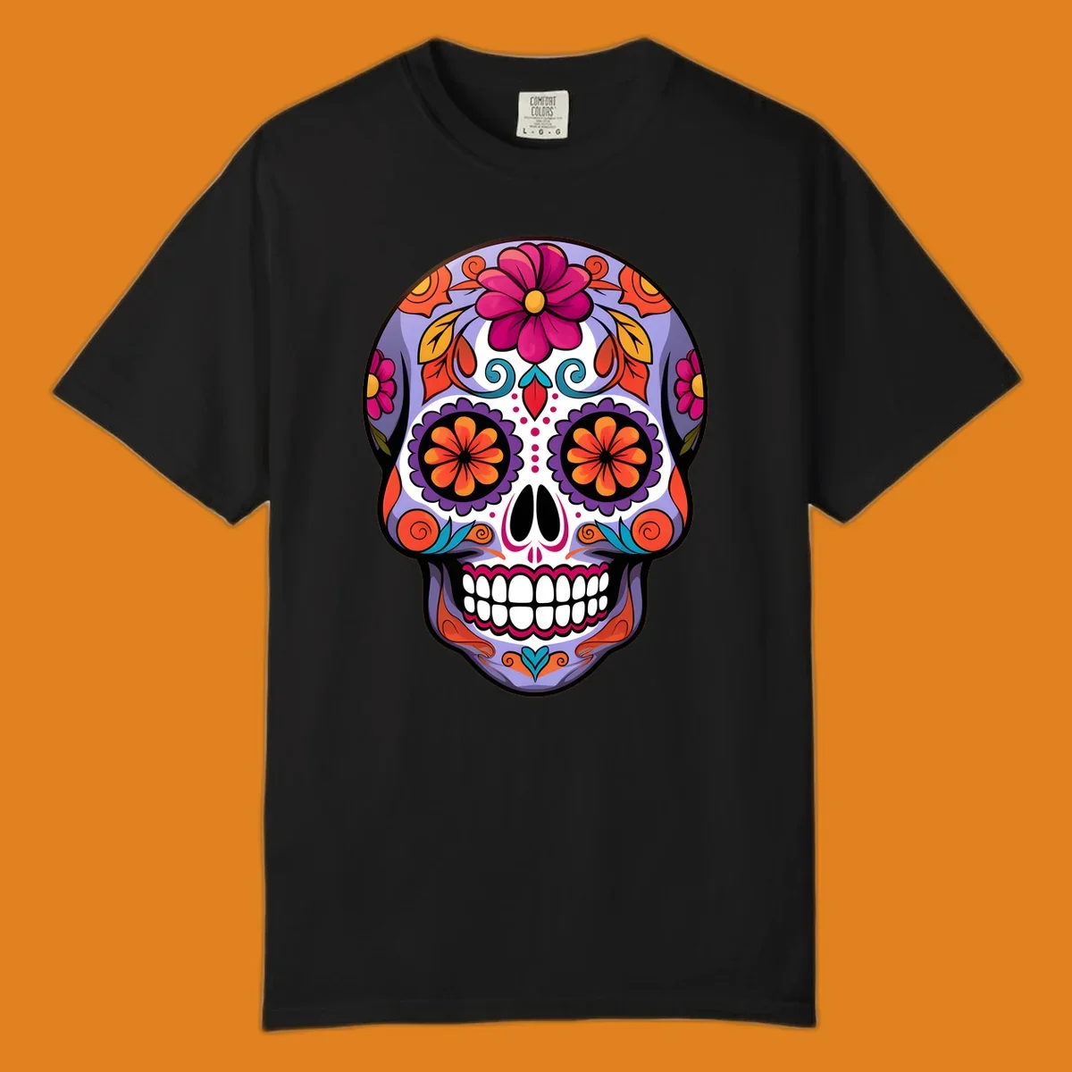 A vibrant floral calavera sugar skull illustration with purple, pink, orange, yellow, and teal details.