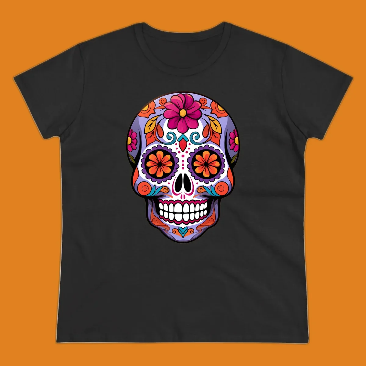 A vibrant floral calavera sugar skull illustration with purple, pink, orange, yellow, and teal details.
