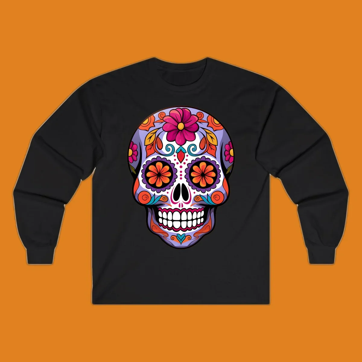 A vibrant floral calavera sugar skull illustration with purple, pink, orange, yellow, and teal details.