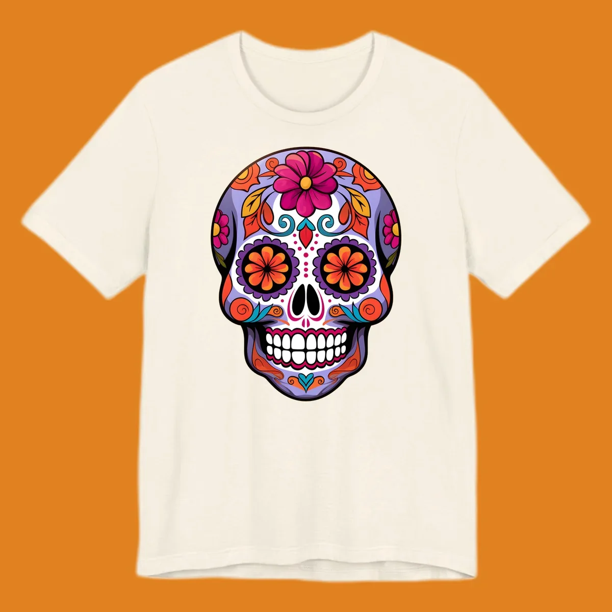 A vibrant floral calavera sugar skull illustration with purple, pink, orange, yellow, and teal details.
