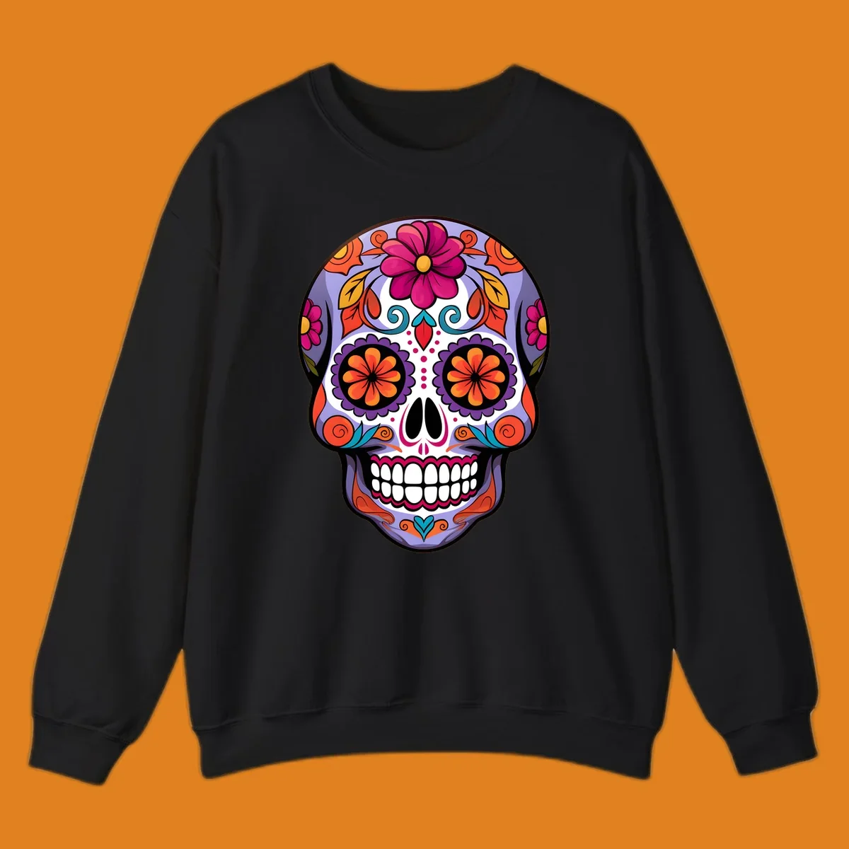 A vibrant floral calavera sugar skull illustration with purple, pink, orange, yellow, and teal details.