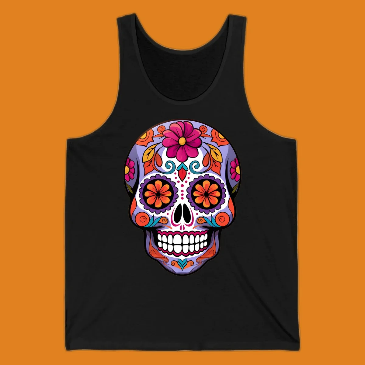 A vibrant floral calavera sugar skull illustration with purple, pink, orange, yellow, and teal details.