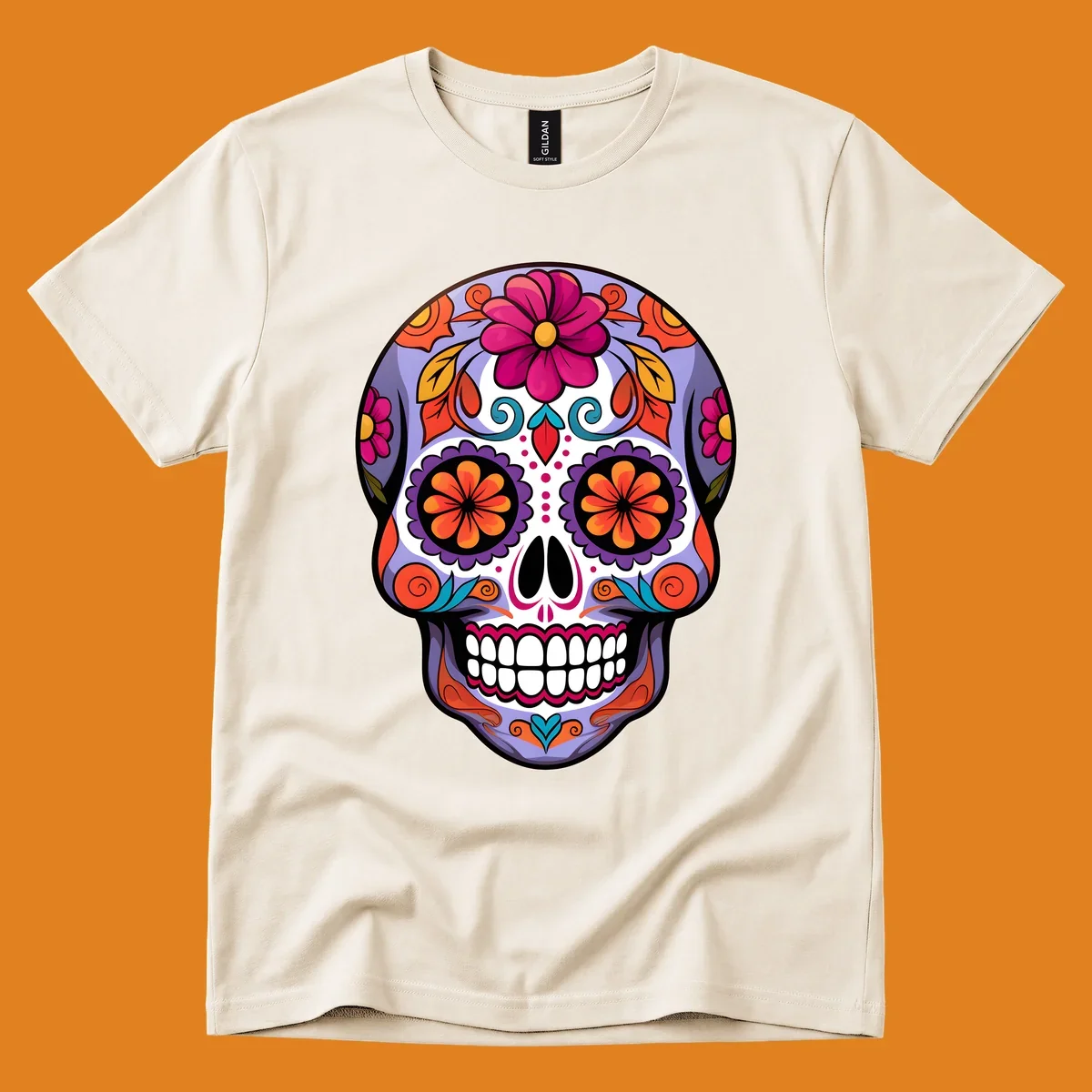 A vibrant floral calavera sugar skull illustration with purple, pink, orange, yellow, and teal details.
