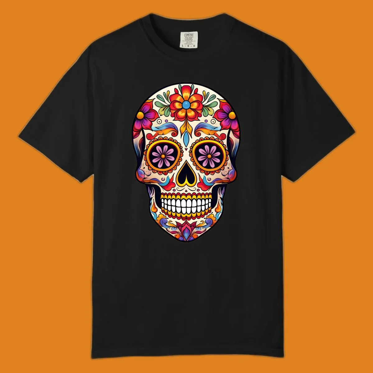 A vibrant floral sugar skull illustration with red, orange, yellow, blue, purple, and green flowers and swirls.