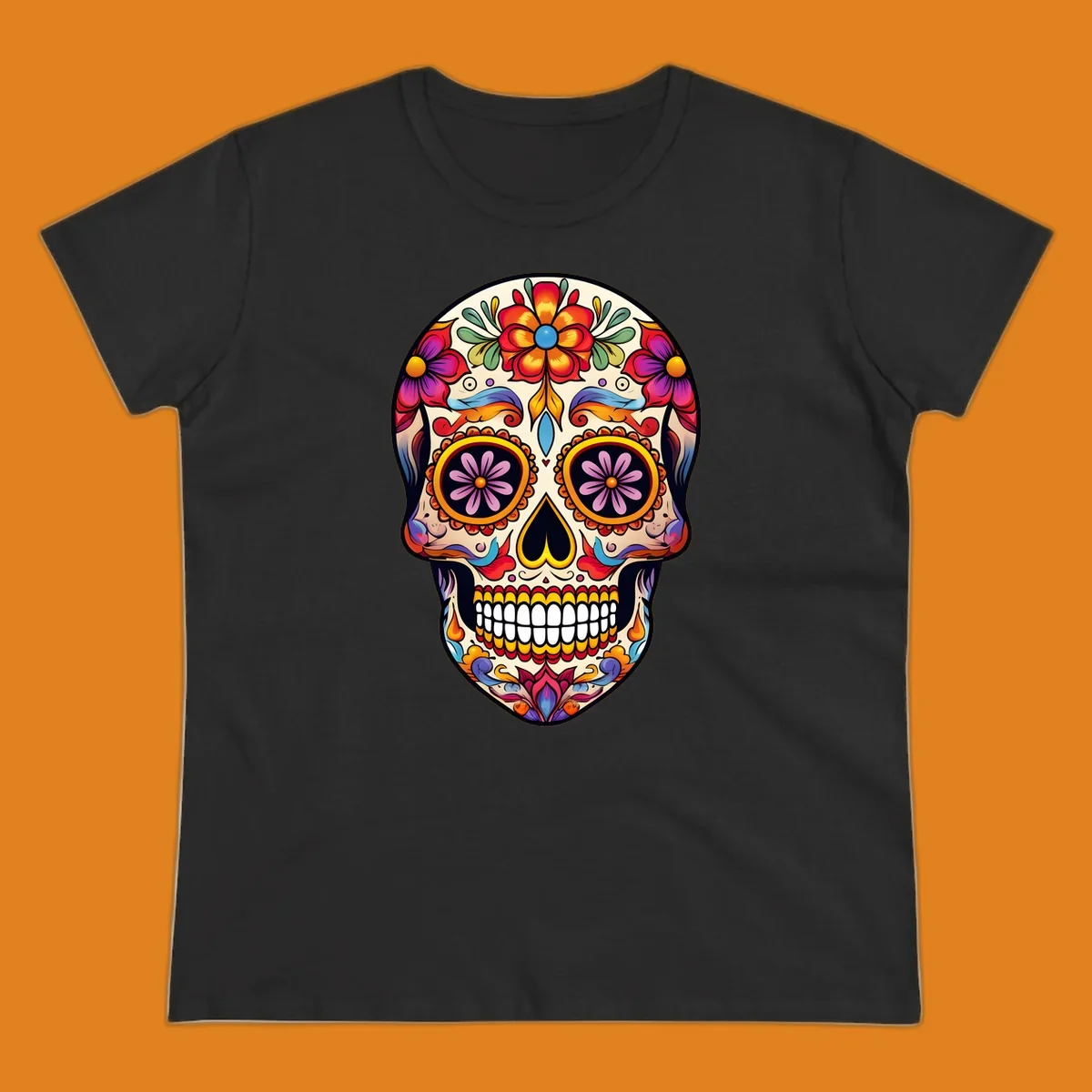 A vibrant floral sugar skull illustration with red, orange, yellow, blue, purple, and green flowers and swirls.