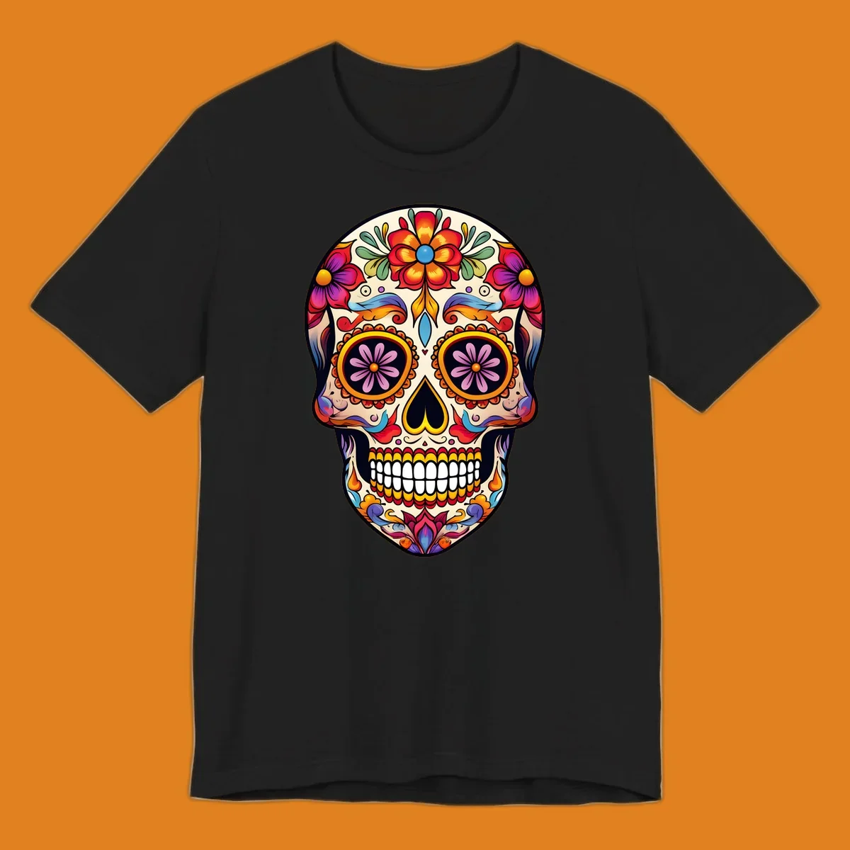 A vibrant floral sugar skull illustration with red, orange, yellow, blue, purple, and green flowers and swirls.