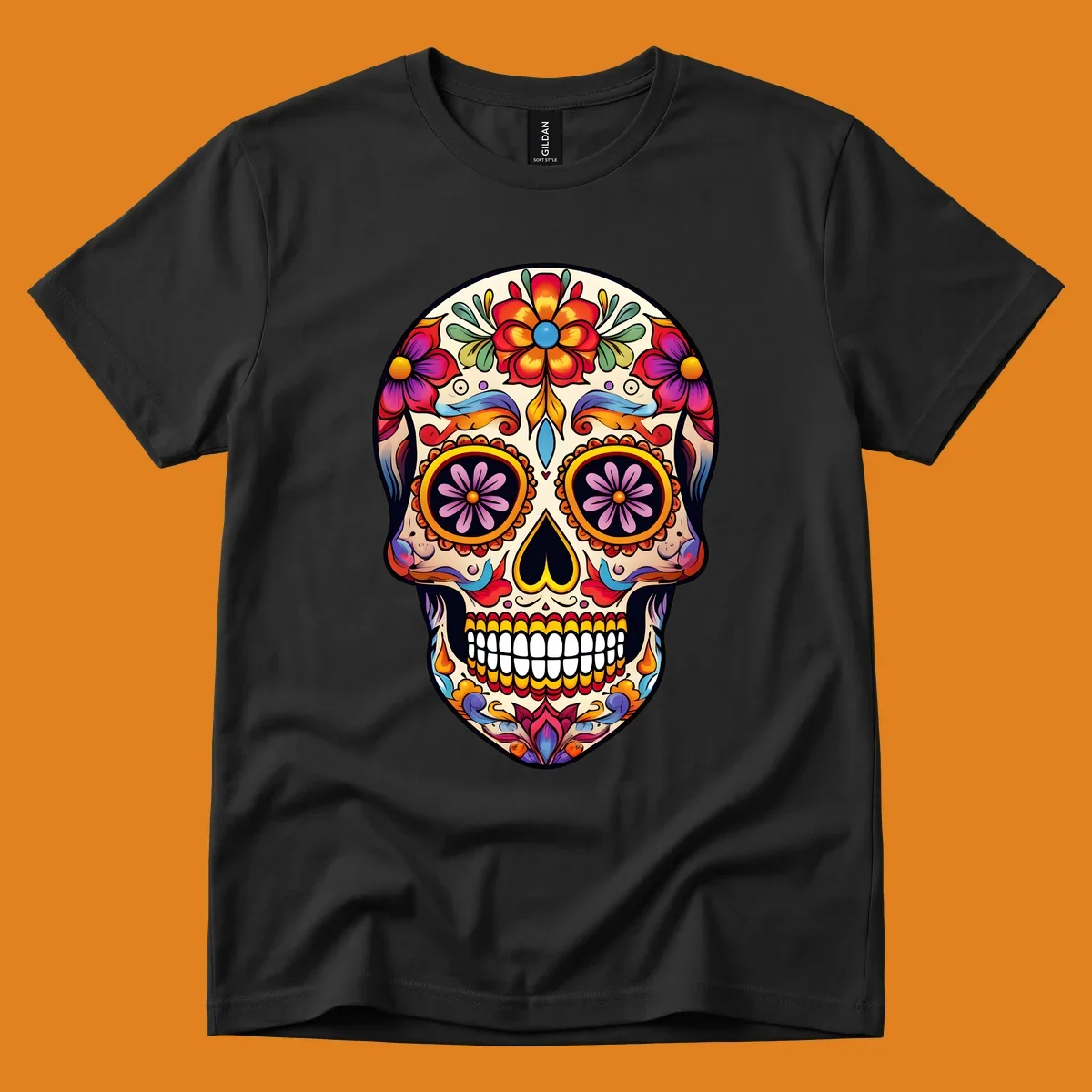 A vibrant floral sugar skull illustration with red, orange, yellow, blue, purple, and green flowers and swirls.