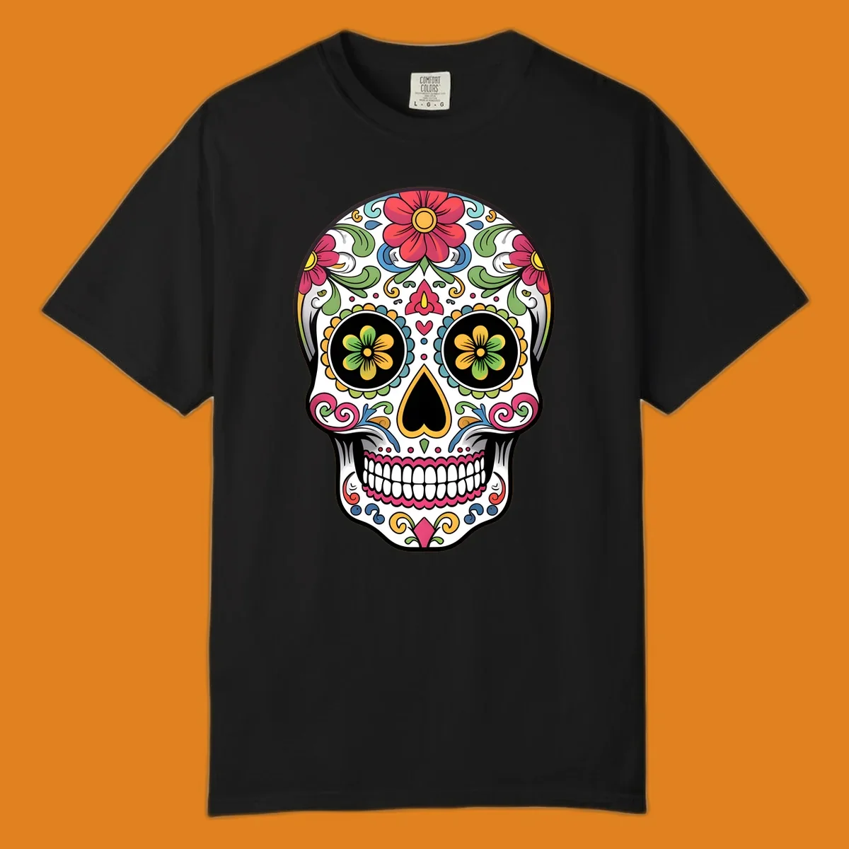 A vibrant floral sugar skull illustration featuring a white skull adorned with red, yellow, green, blue, and pink flowers and intricate swirls.