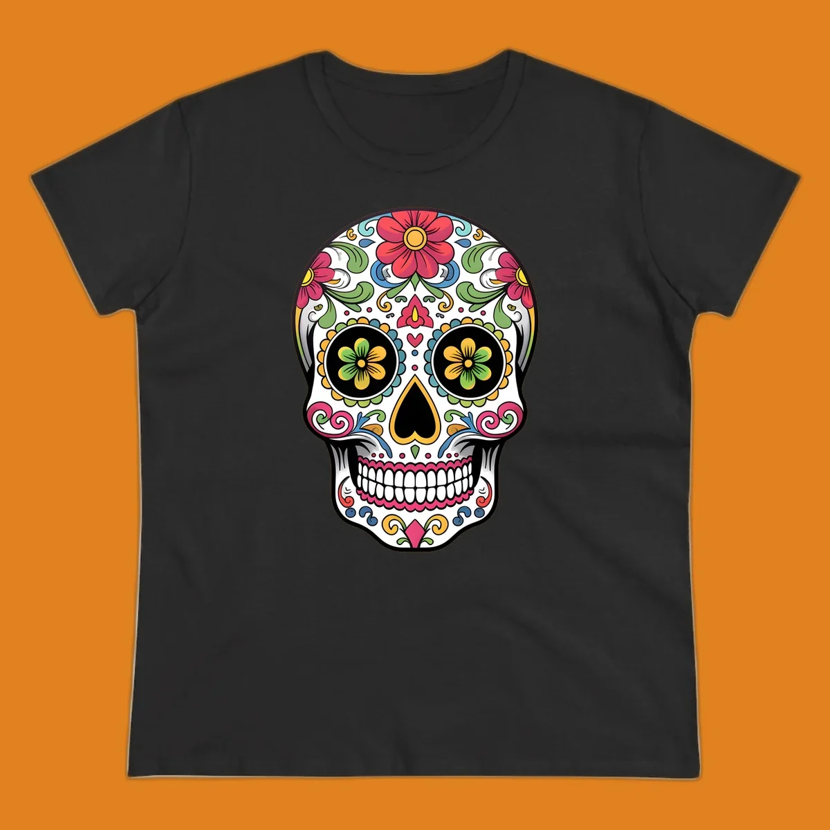 A vibrant floral sugar skull illustration featuring a white skull adorned with red, yellow, green, blue, and pink flowers and intricate swirls.
