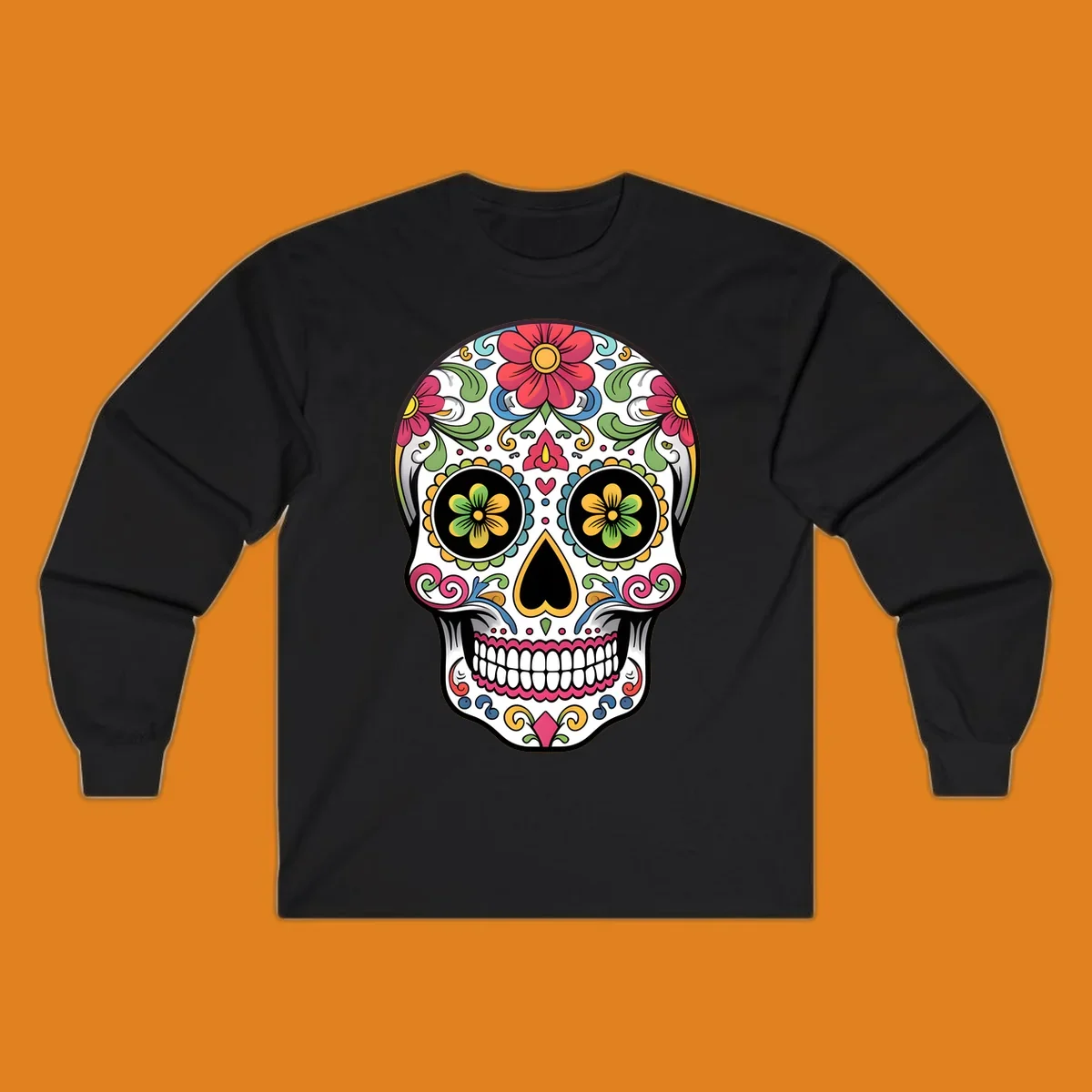 A vibrant floral sugar skull illustration featuring a white skull adorned with red, yellow, green, blue, and pink flowers and intricate swirls.
