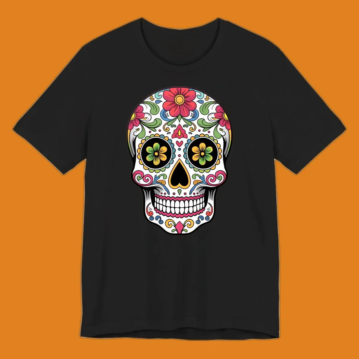 A vibrant floral sugar skull illustration featuring a white skull adorned with red, yellow, green, blue, and pink flowers and intricate swirls.