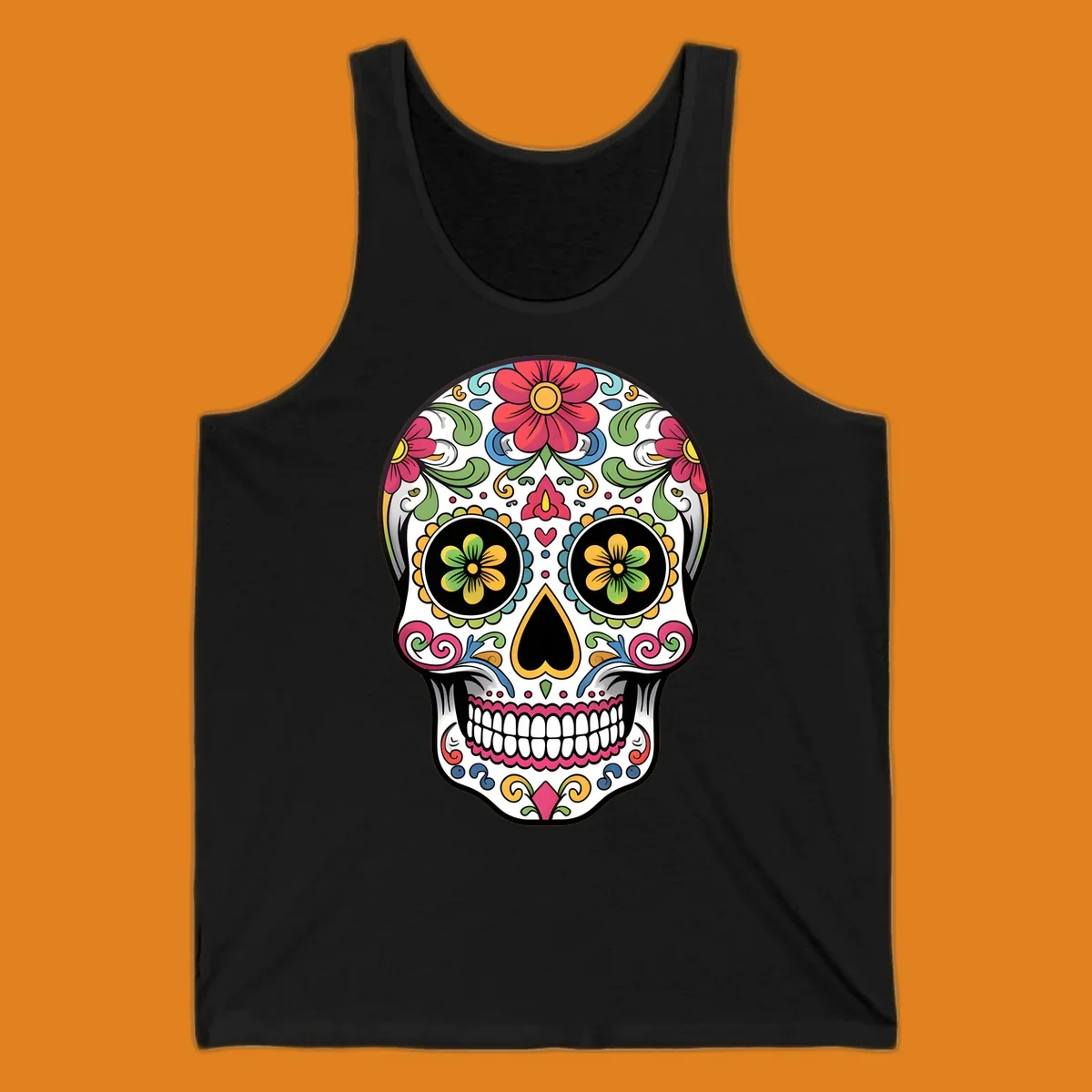 A vibrant floral sugar skull illustration featuring a white skull adorned with red, yellow, green, blue, and pink flowers and intricate swirls.