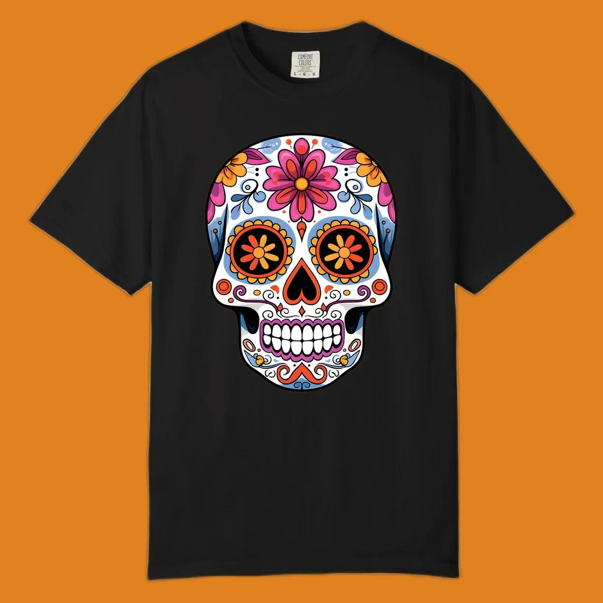 A vibrant floral sugar skull (calavera) with pink and orange flowers, blue swirls, and colorful eye patterns.