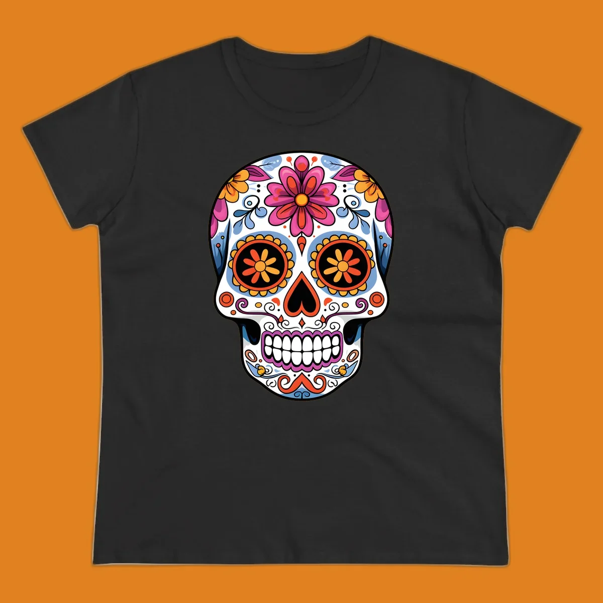 A vibrant floral sugar skull (calavera) with pink and orange flowers, blue swirls, and colorful eye patterns.