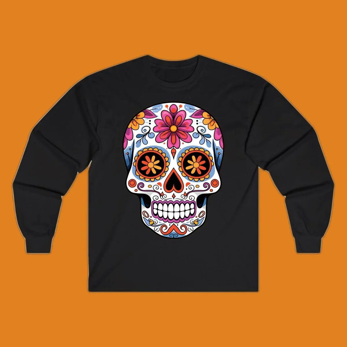 A vibrant floral sugar skull (calavera) with pink and orange flowers, blue swirls, and colorful eye patterns.