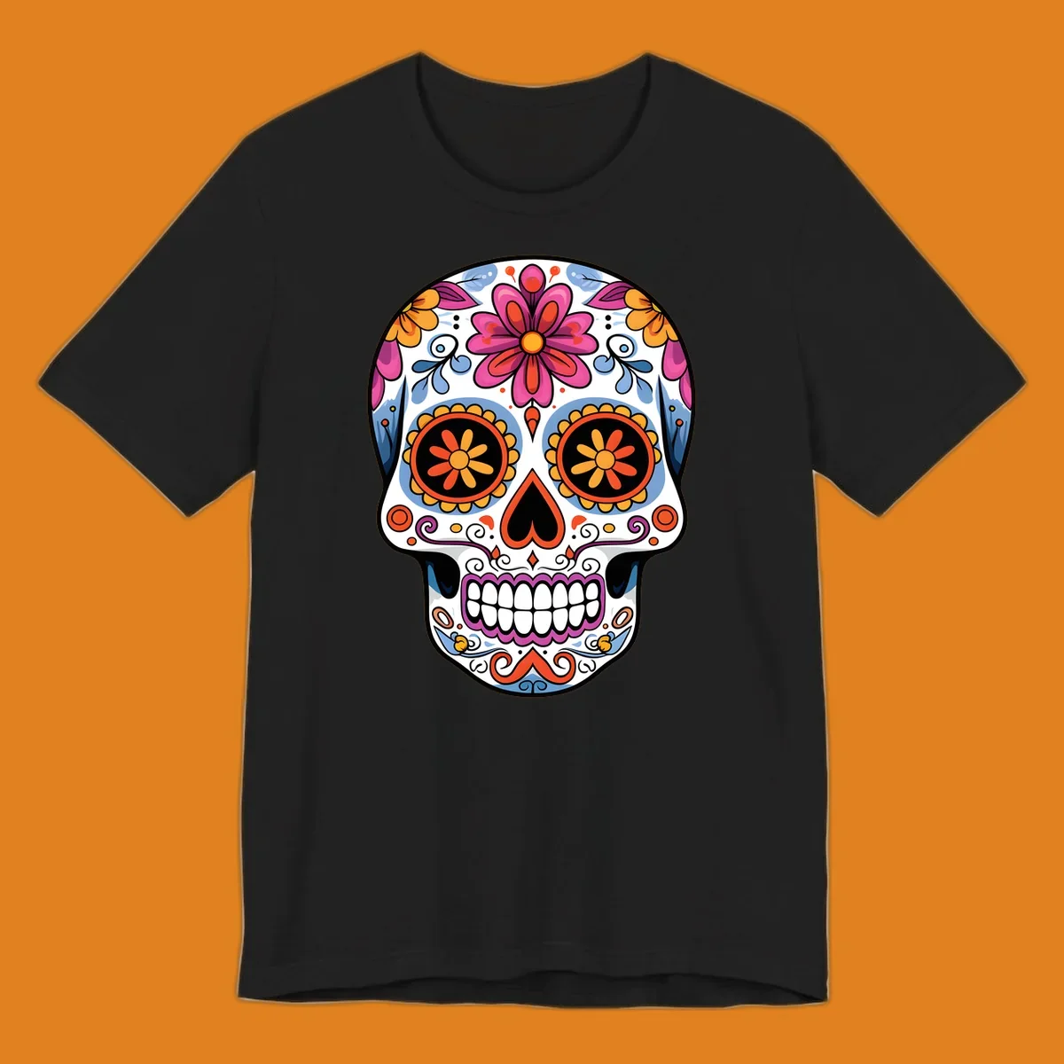 A vibrant floral sugar skull (calavera) with pink and orange flowers, blue swirls, and colorful eye patterns.