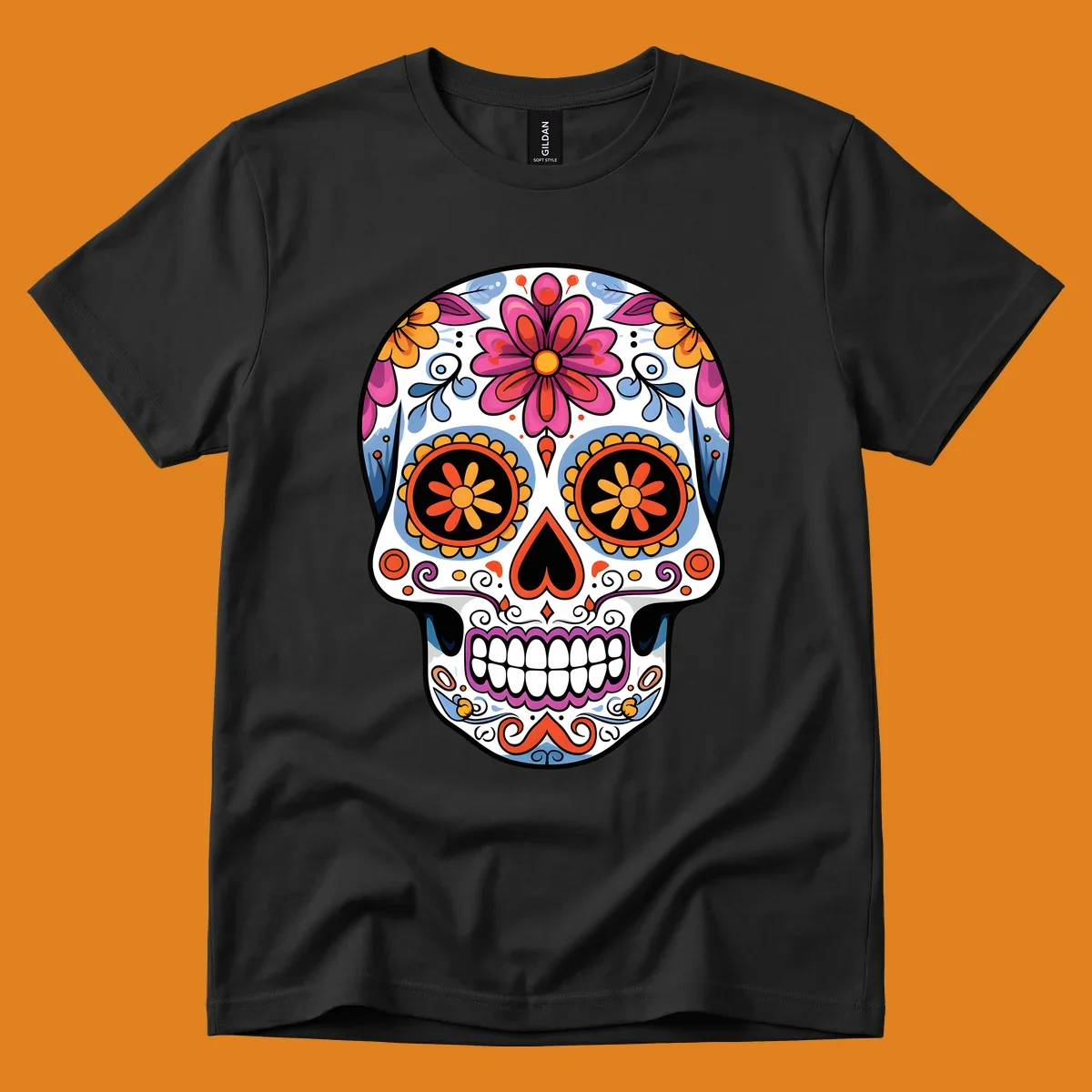 A vibrant floral sugar skull (calavera) with pink and orange flowers, blue swirls, and colorful eye patterns.