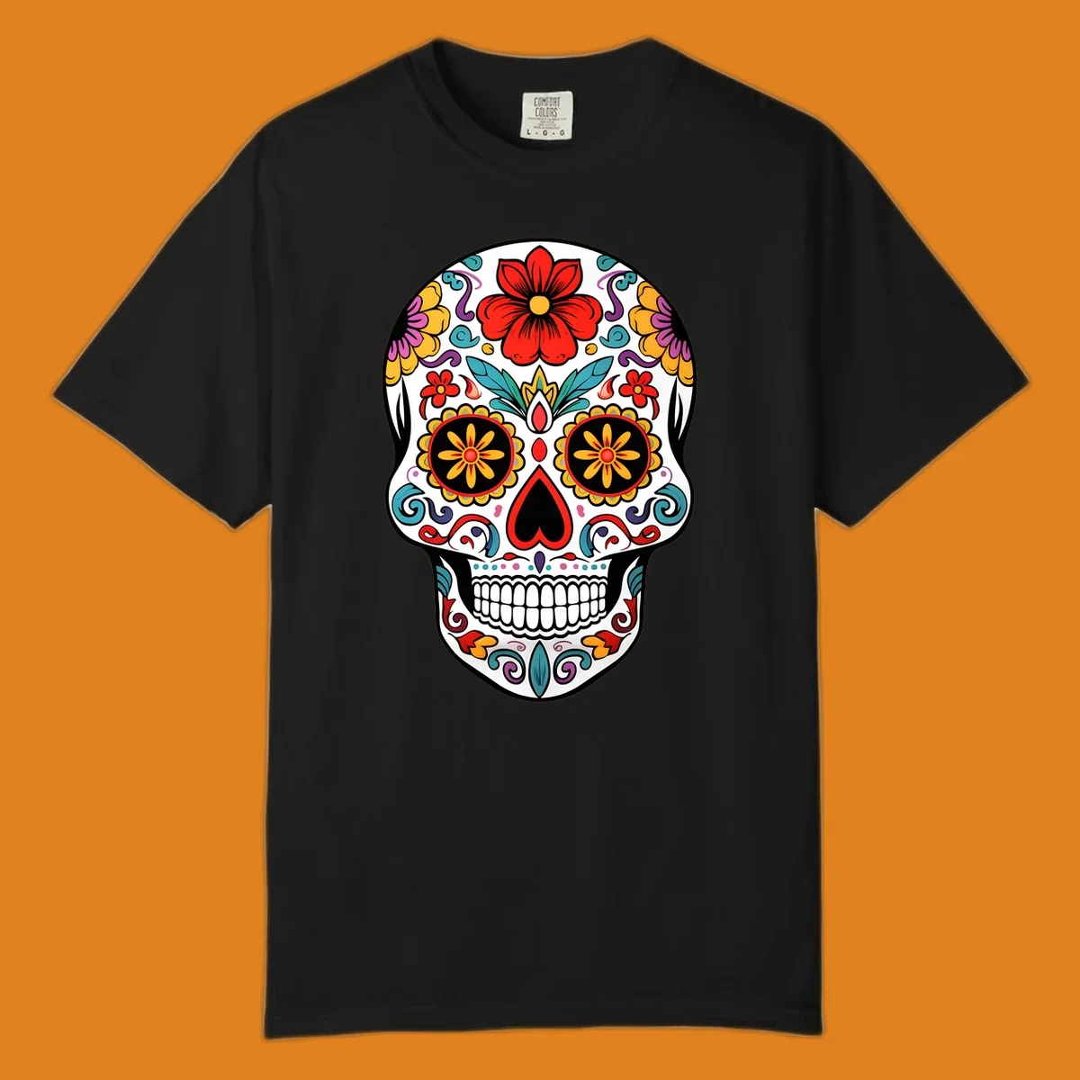 A vibrant floral sugar skull illustration, with a white skull decorated in red, yellow, purple, and blue flowers and swirls.