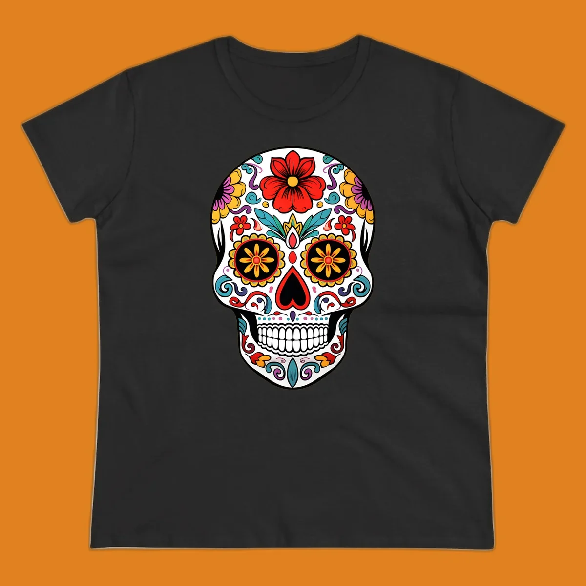 A vibrant floral sugar skull illustration, with a white skull decorated in red, yellow, purple, and blue flowers and swirls.