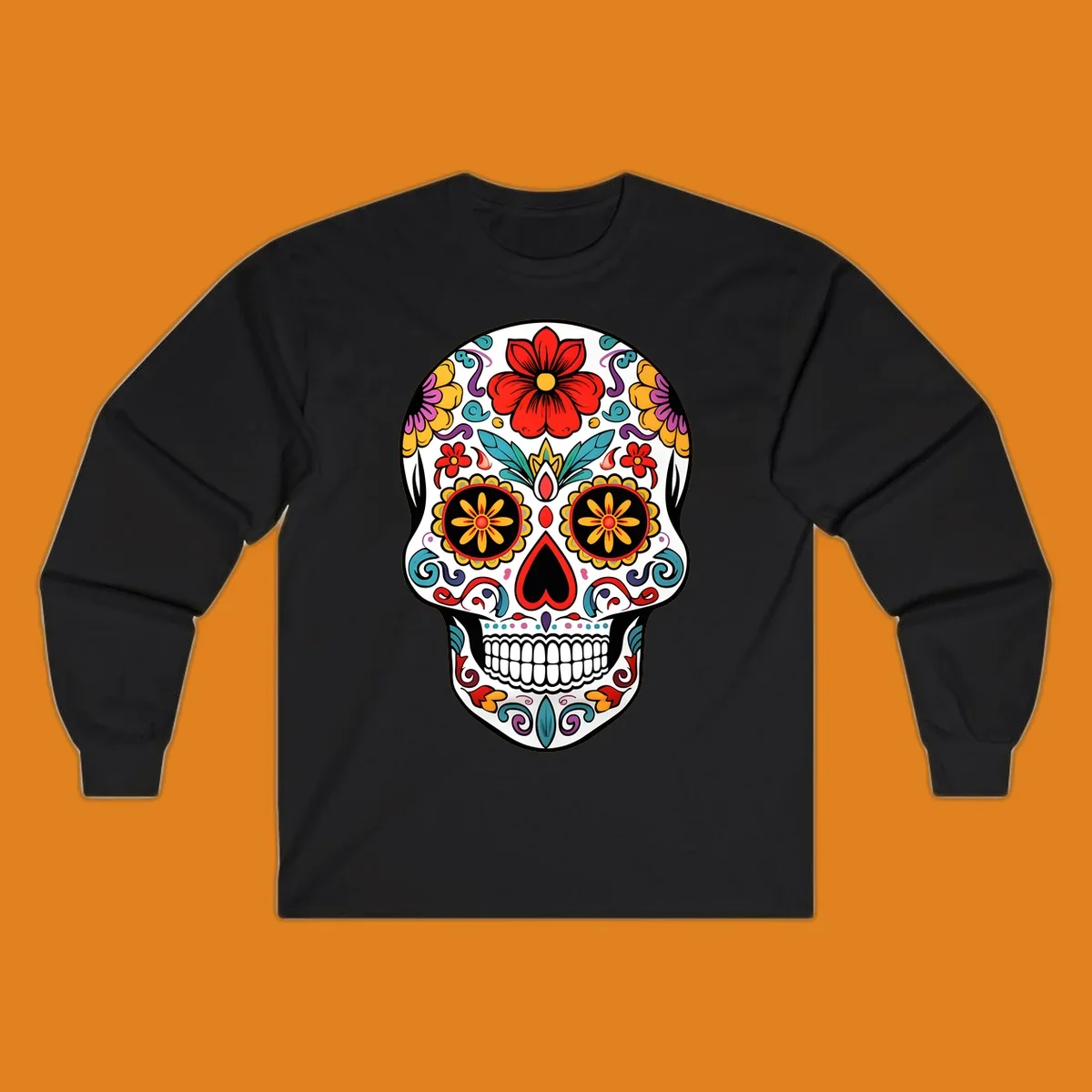 A vibrant floral sugar skull illustration, with a white skull decorated in red, yellow, purple, and blue flowers and swirls.