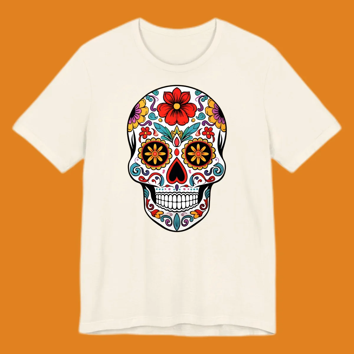 A vibrant floral sugar skull illustration, with a white skull decorated in red, yellow, purple, and blue flowers and swirls.