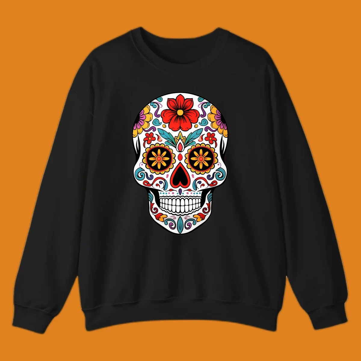 A vibrant floral sugar skull illustration, with a white skull decorated in red, yellow, purple, and blue flowers and swirls.