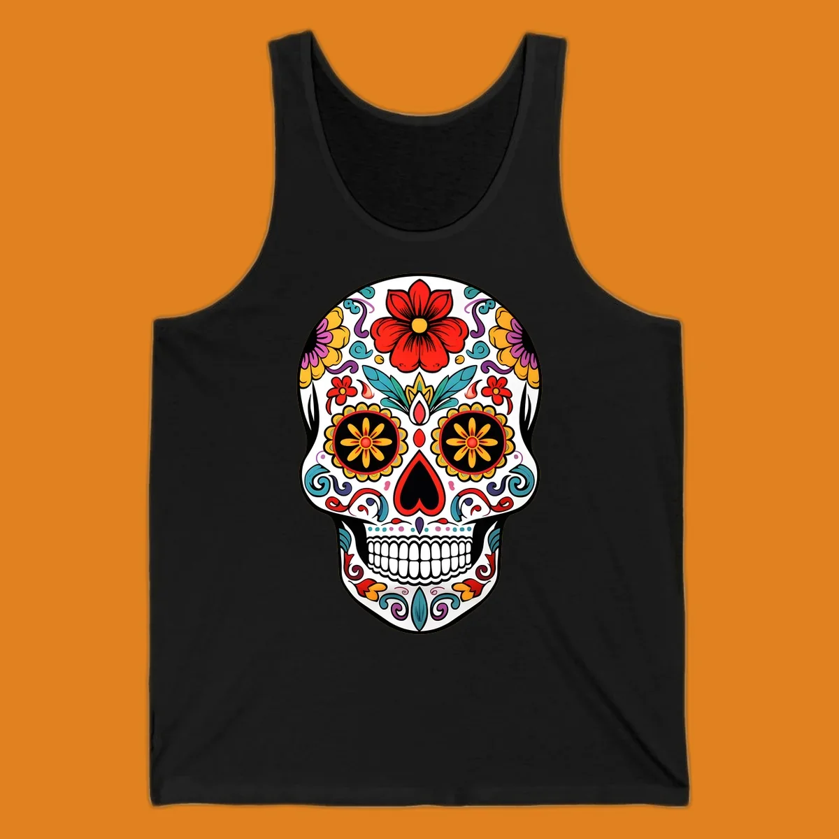 A vibrant floral sugar skull illustration, with a white skull decorated in red, yellow, purple, and blue flowers and swirls.