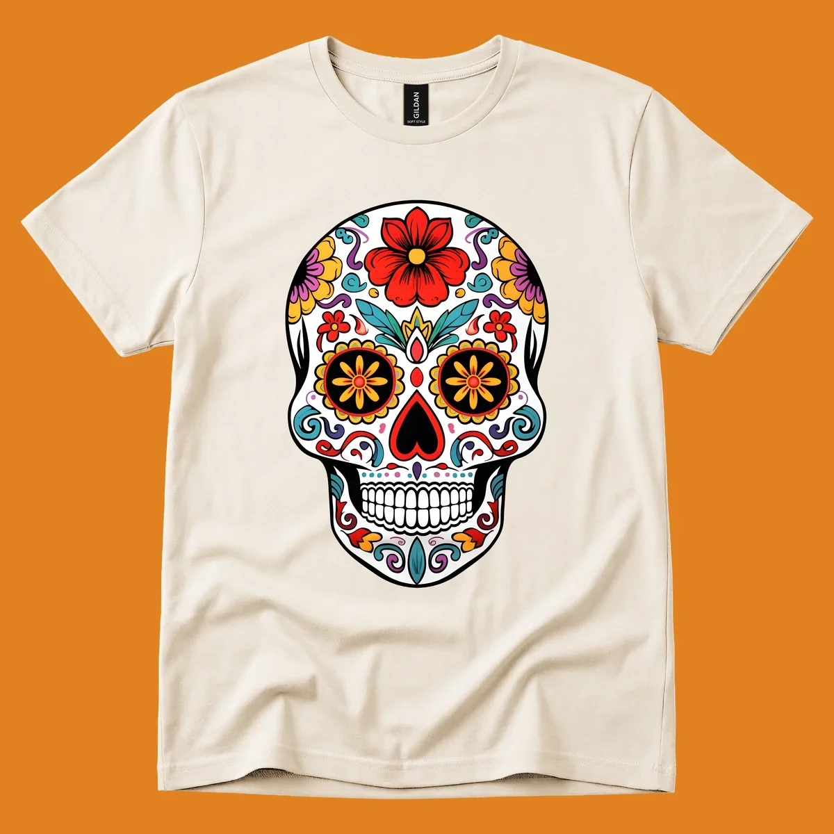 A vibrant floral sugar skull illustration, with a white skull decorated in red, yellow, purple, and blue flowers and swirls.
