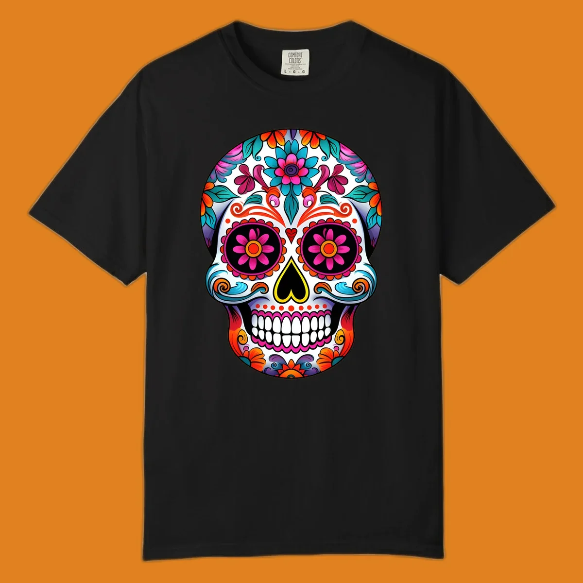 A vibrant floral sugar skull illustration, rich with pink, orange, blue, and teal flowers and swirls, on a white background.