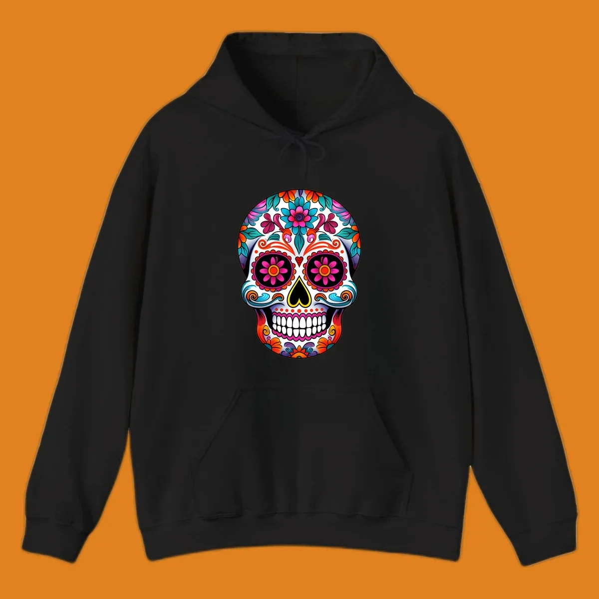 A vibrant floral sugar skull illustration, rich with pink, orange, blue, and teal flowers and swirls, on a white background.